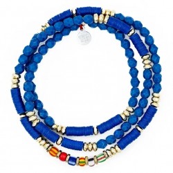 Collier bracelet 3 tours LOULOU Gold Cobalt - Perles de Bohème & Heishis africaines - TÊTES BLONDES