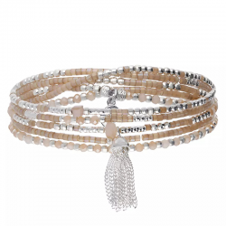 Bracelet élastique 5 tours en Argent - Perles beige intemporel & Pompon - DORIANE Bijoux