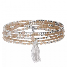 Bracelet élastique 5 tours en Argent - Perles beige intemporel & Pompon - DORIANE Bijoux