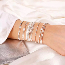 Bracelet élastique 2 tours en Argent - Perles miyuki blanches TAILLE S