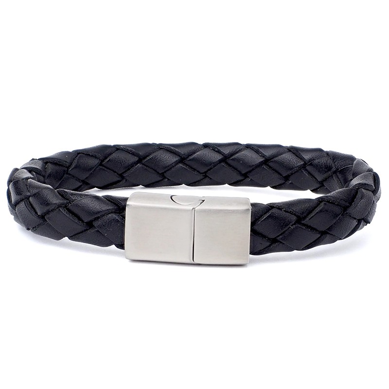 Bracelet jonc homme - Cuir tressé rond noir vintage & boucle métal Loop and co Bracelet jonc homme - Cuir tressé rond noir vintage & boucle métal Loop and co