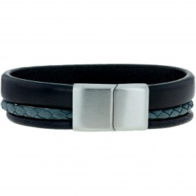 Bracelet jonc  manchette homme - Trois liens de cuir noir gris & boucle métal - Loop and Co