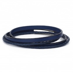 Bracelet jonc multi-tours Mixte - Métal & Cuir lisse tressé bleu marine  LOOP AND CO