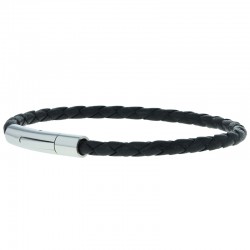 Bracelet jonc homme Cuir noir 4 mm - Tressé serpent rond - Loop And Co